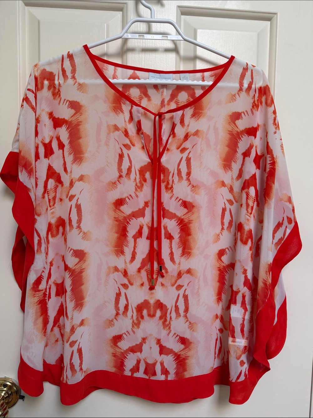 New York & Company sz XS Orange ikat flowy boho cape kimono top gold trimmed